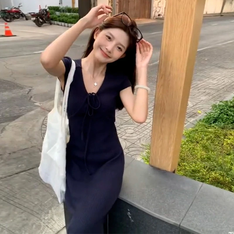 2941蓝色法式方领连衣裙夏季女装2024新款小个子修身显瘦包臀长裙