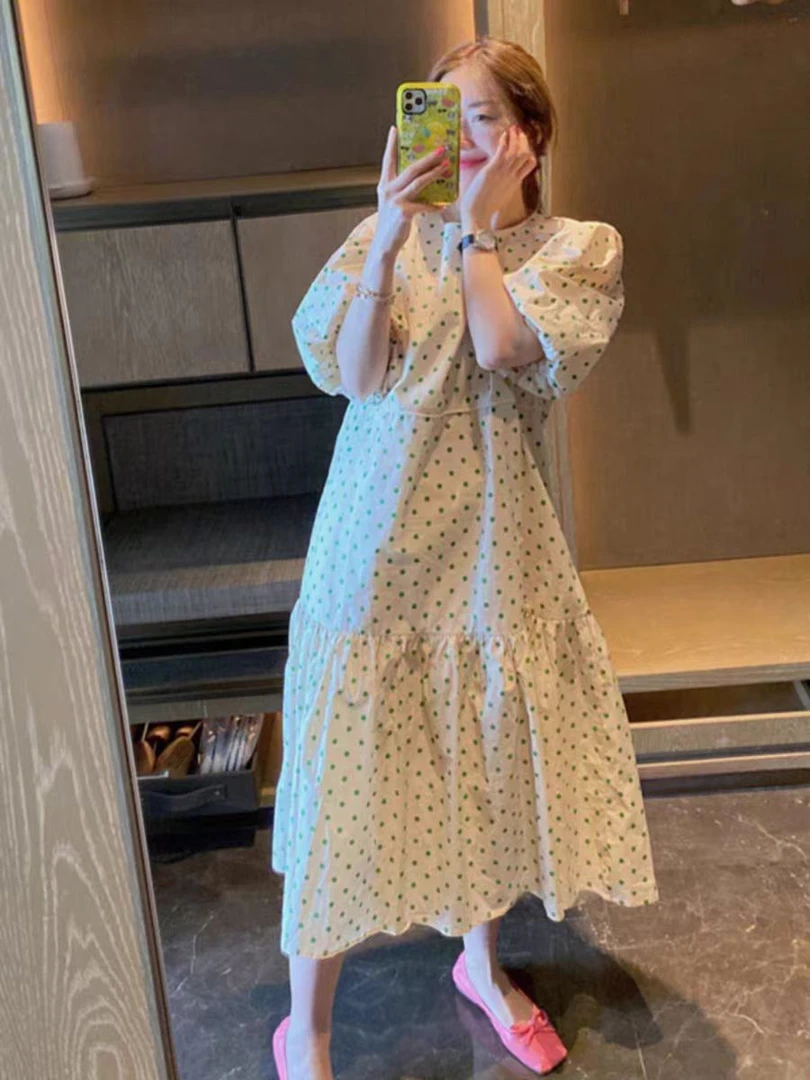 【甜心泡泡】夏季短袖波点中长裙泡泡袖宽松复古连衣裙