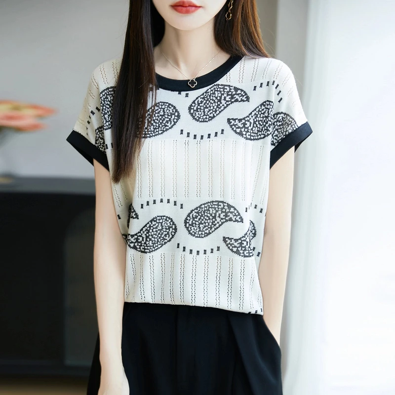 时尚女装品牌2025夏季新款圆领百搭针织T恤女撞色宽松显瘦上衣女