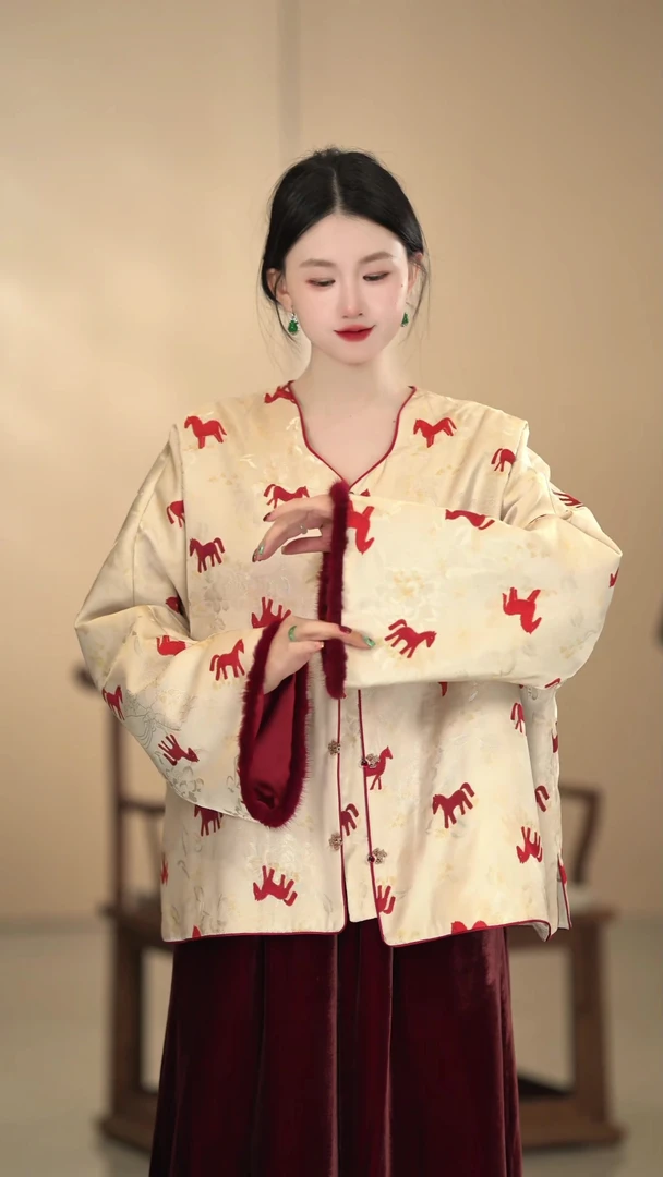 「万事长安」中国风网红时尚复古长袖汉服宽松休闲宽松圆领加厚外套