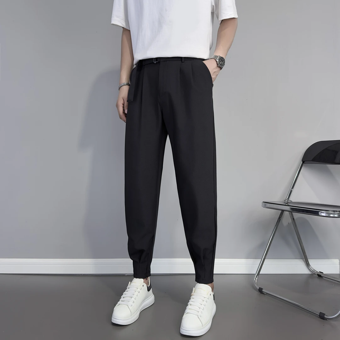 裤子男秋季新款男生九分裤潮流修身小脚裤系带痞帅束脚拉链小西裤