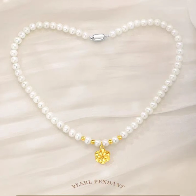 水贝黄金足金牡丹花吊坠珍珠项链女纯金挂坠颈饰母亲节礼物送妈妈