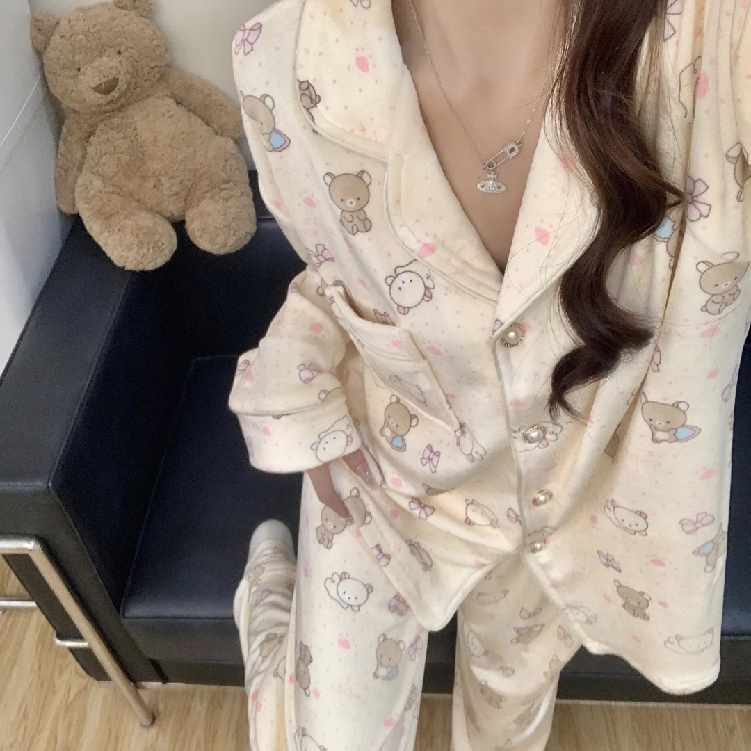 韩系轻松熊海岛绒睡衣女套装秋冬季保暖加绒可爱少女家居服可外穿