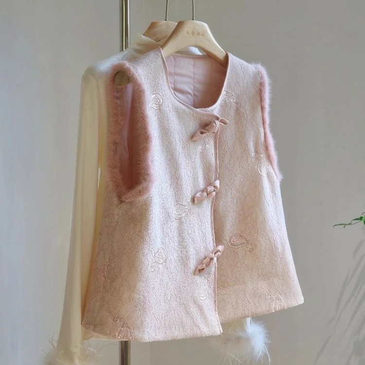 新中式年轻款粉色高级感马甲女夹棉洋气减龄显白厚马夹国风上衣
