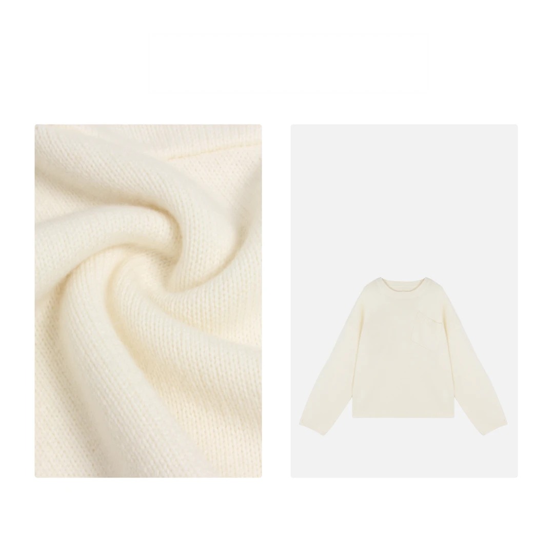 凯特丝蓓634#口袋装饰圆领套头宽松长袖慵懒风针织衫软糯毛衣女