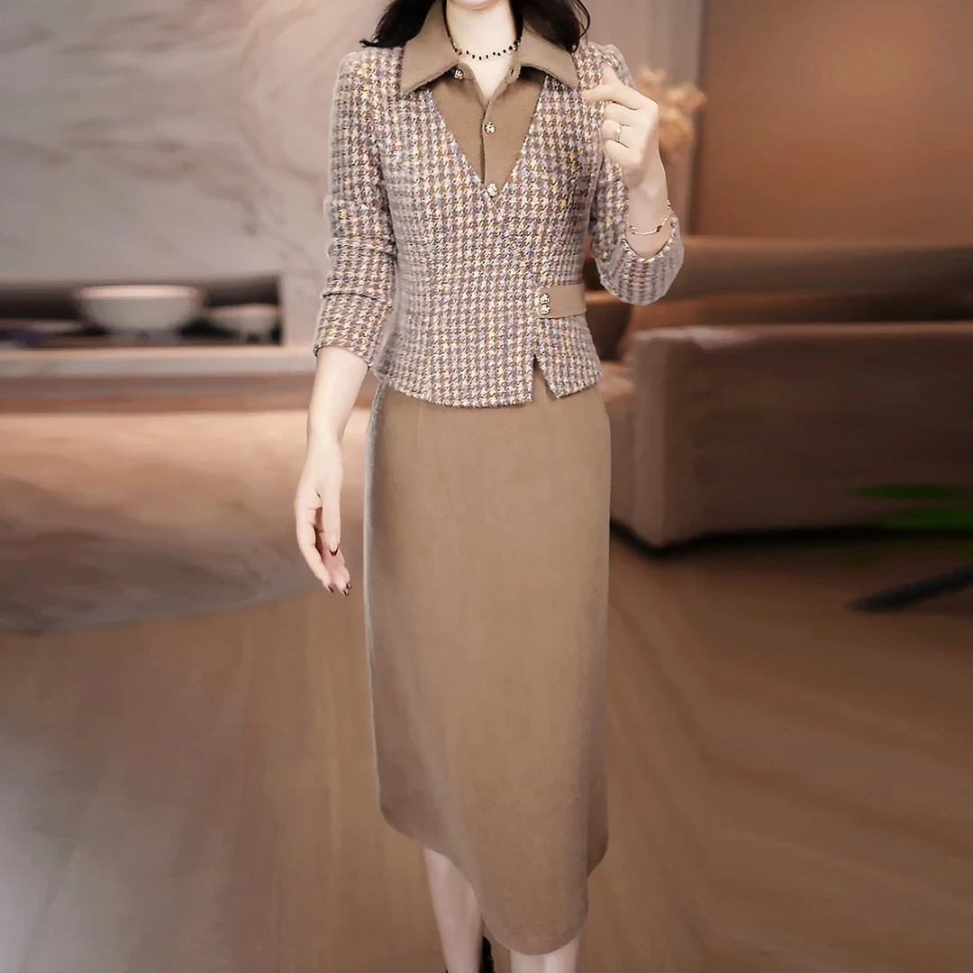 女装连衣裙时尚假两件加厚2025秋冬新款修身显瘦气质修身女士裙子
