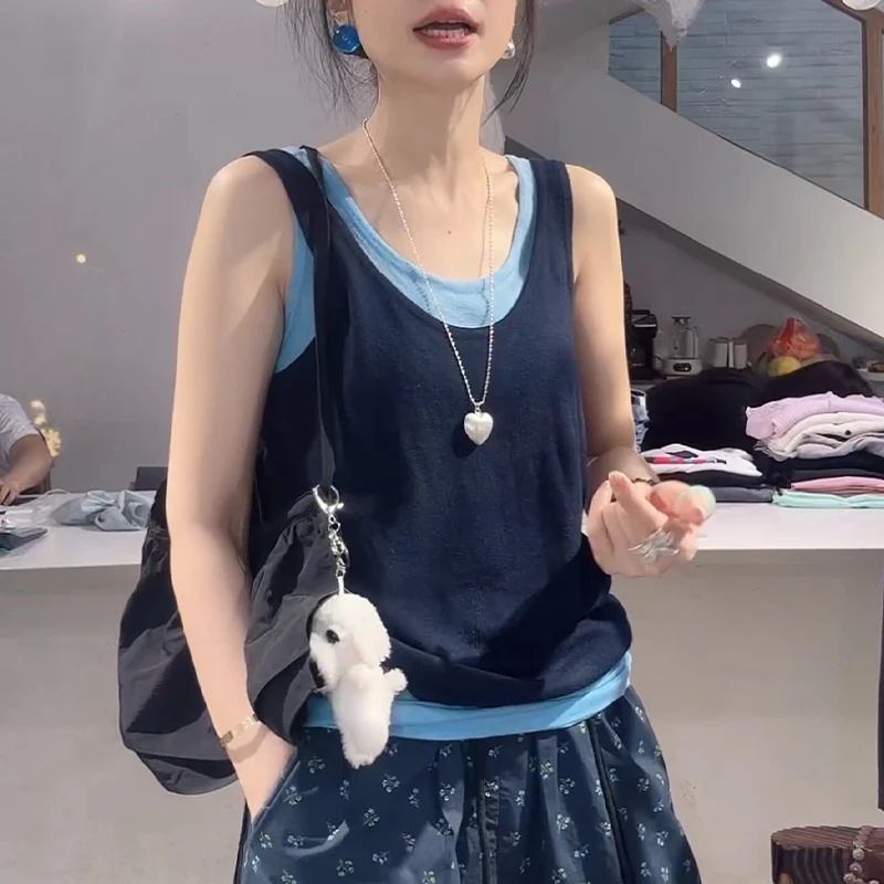 美式复古假两件叠穿针织背心女夏季新款时尚百搭V领无袖吊带上衣