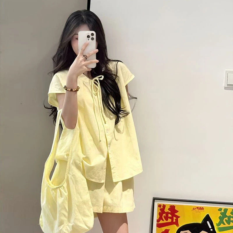 【8891桃】甜美韩系小个子短袖衬衫女夏季宽松显瘦阔腿短裤两件套装