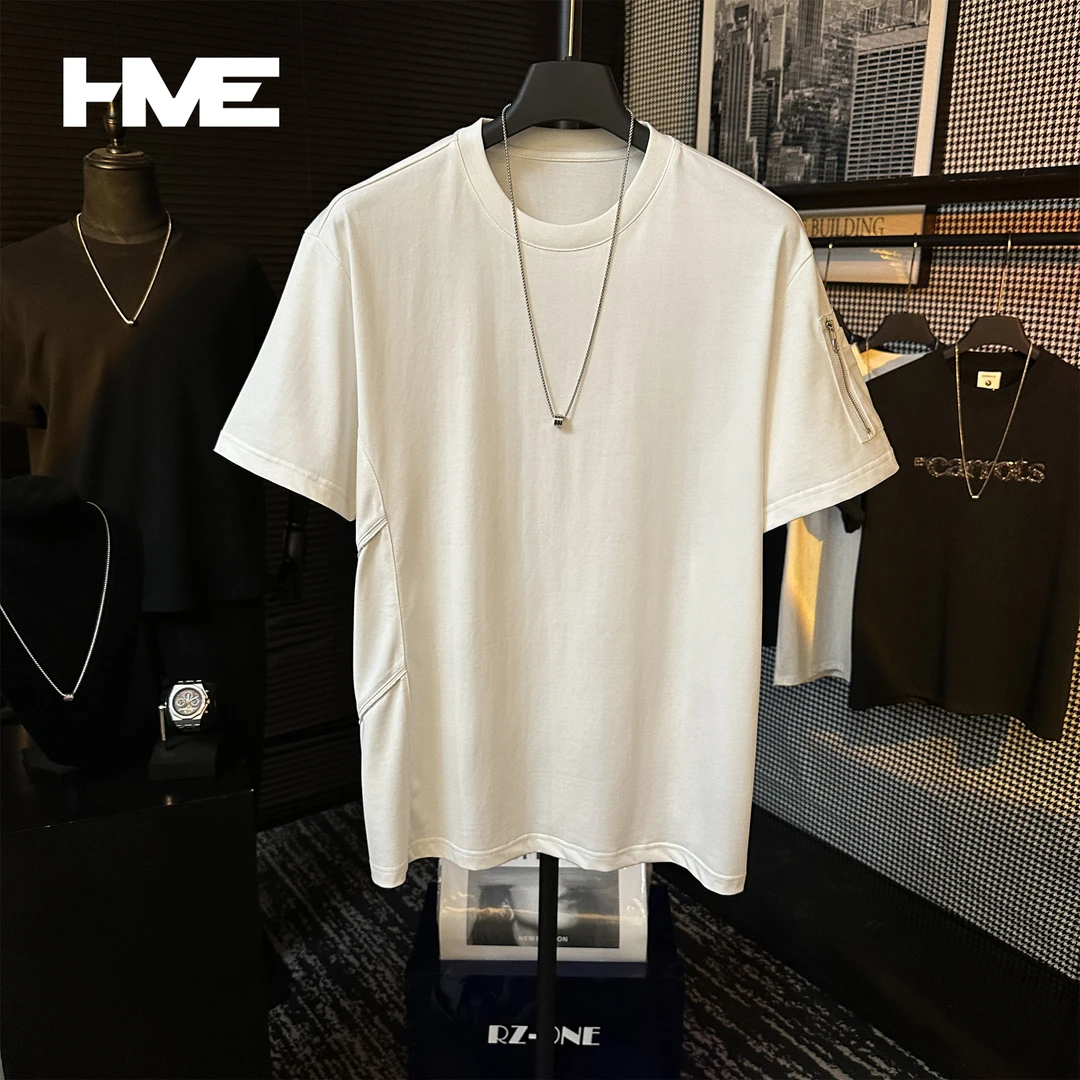 【HMEYAO】夏季原创袖口拼接拉链口袋设计短袖潮流冰感棉圆领T恤男
