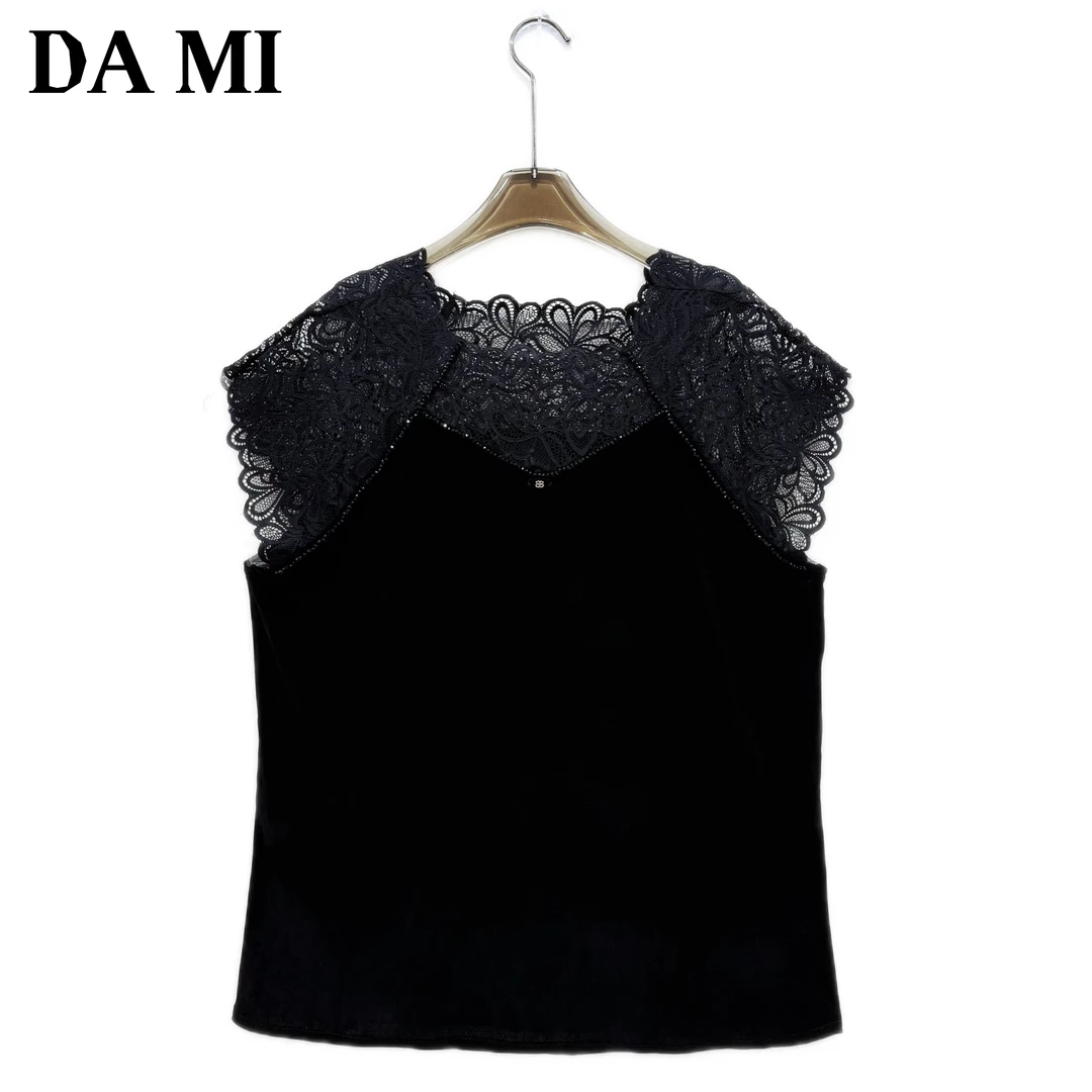 【大蜜】6197#半高领蕾丝拼接显瘦百搭丝绒短袖上衣