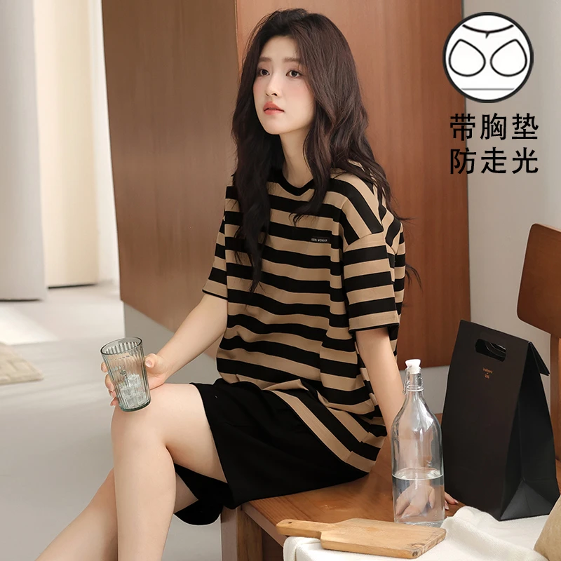 2025新款夏季带胸垫睡衣女薄款大码宽松防走光家居服韩版甜美套装