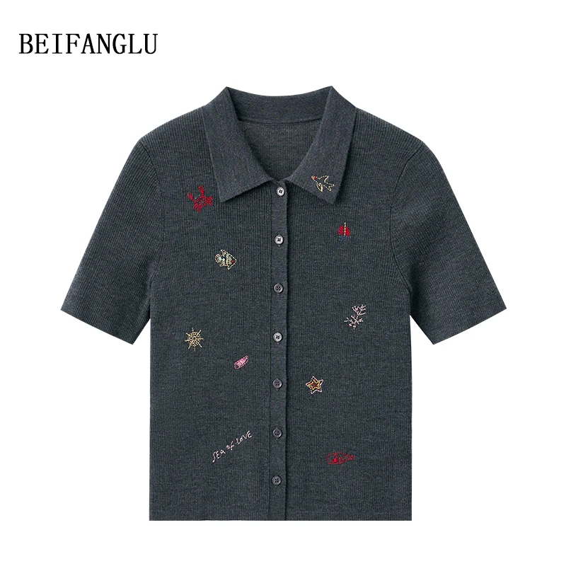 北方鹿【精纺100羊毛】早秋新品气质POLO刺绣坑条针织短袖女251002