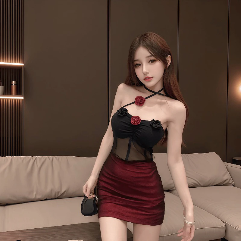 辣妹气质显瘦挂脖复古礼服设计感包臀连衣裙