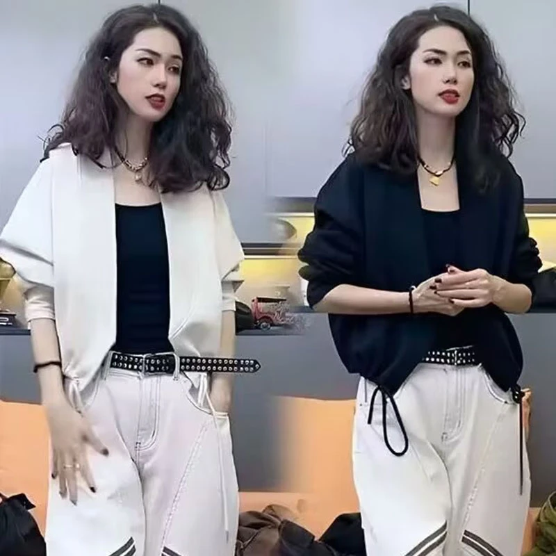 2025春秋新款开衫设计款螺纹拼接外套蝙蝠袖抽绳宽松百搭短款上衣