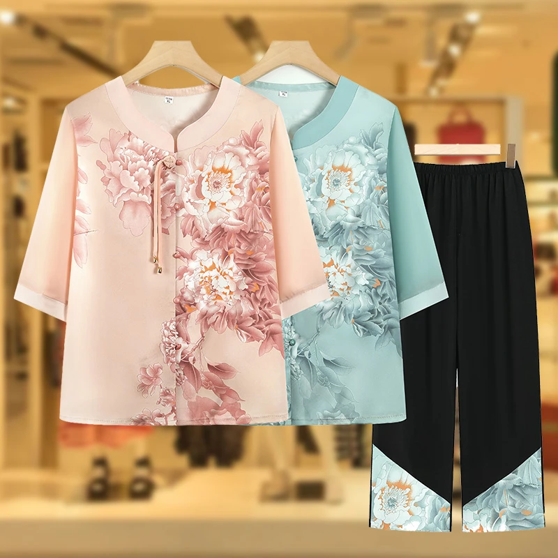 中老年人夏装女妈妈七分袖衬衫老太太衣服奶奶装两件套装2025新款