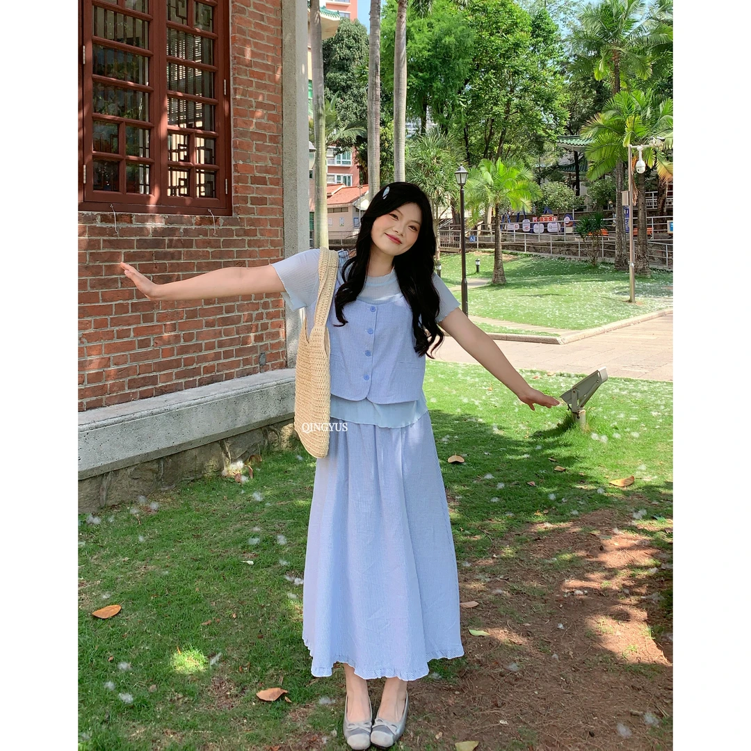 青屿衫-时尚百搭内搭吊带背心格子裙三件套微胖显瘦春季大码女装