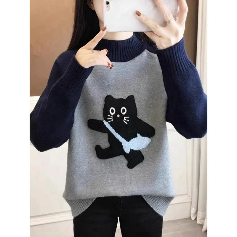 初中生半高领卡通猫咪毛衣少女秋冬内搭高中学生女大童打底针织衫