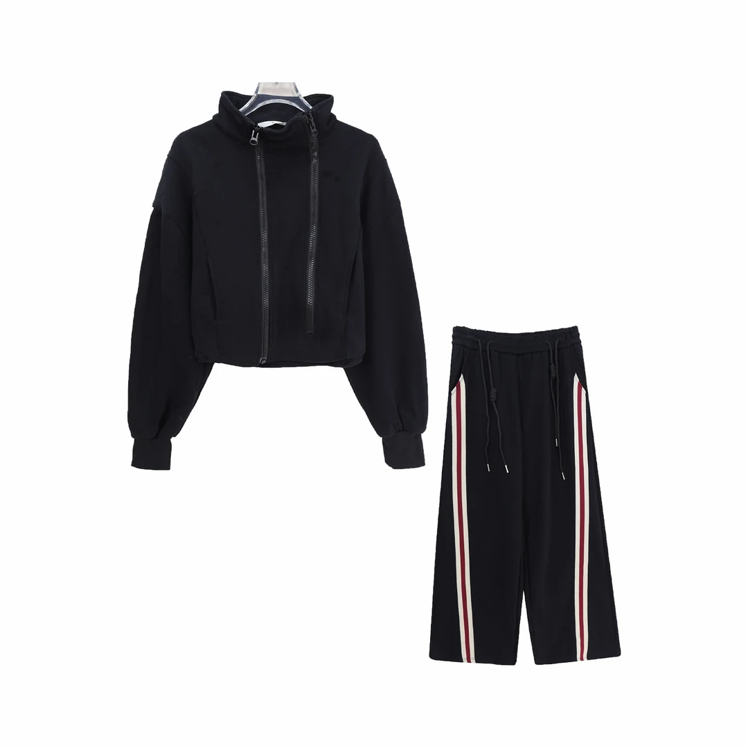 设计感立领双拉链宽松上衣阔腿裤套装S5446