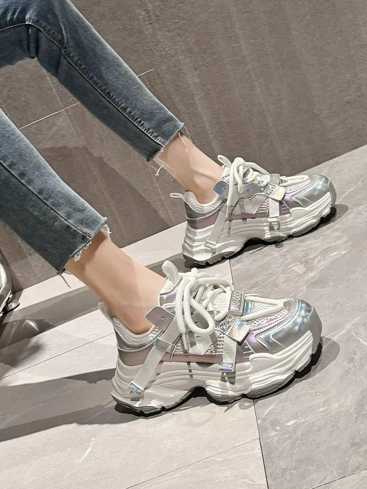 201-17显脚小增高厚底老爹鞋女款2025新款夏季网面休闲运动鞋