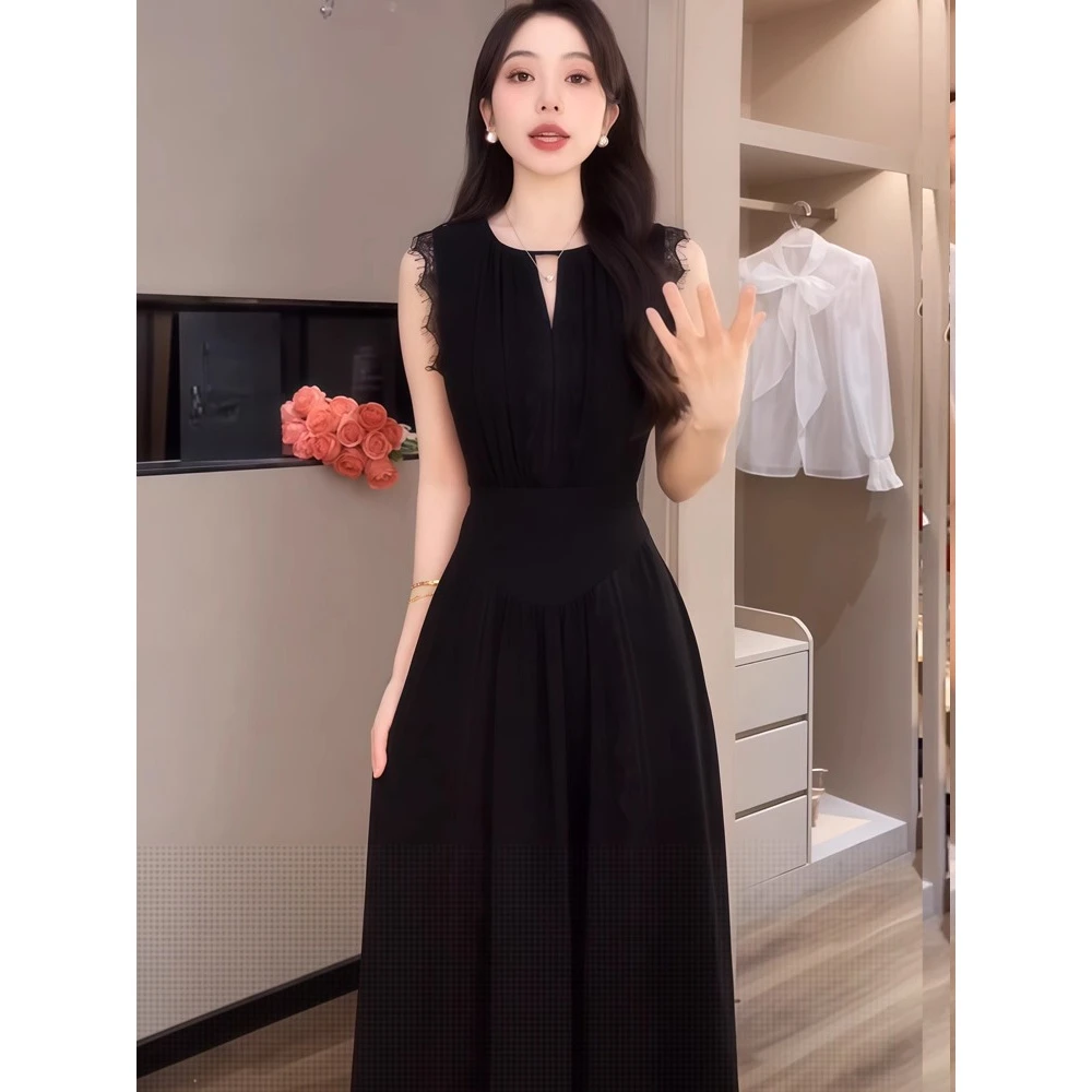 【轻奢穿搭】法式高腰显瘦褶皱收腰气质无袖连衣裙女夏季V领长裙子