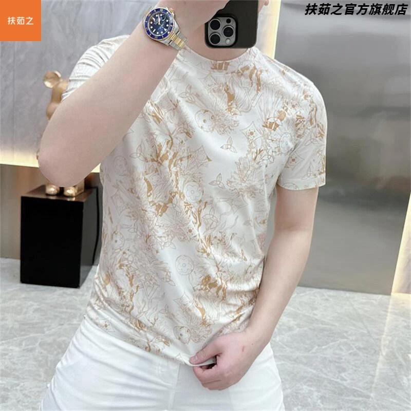 2025夏季潮流时尚百搭个性印花修身帅气花色圆领短袖男士恤半袖