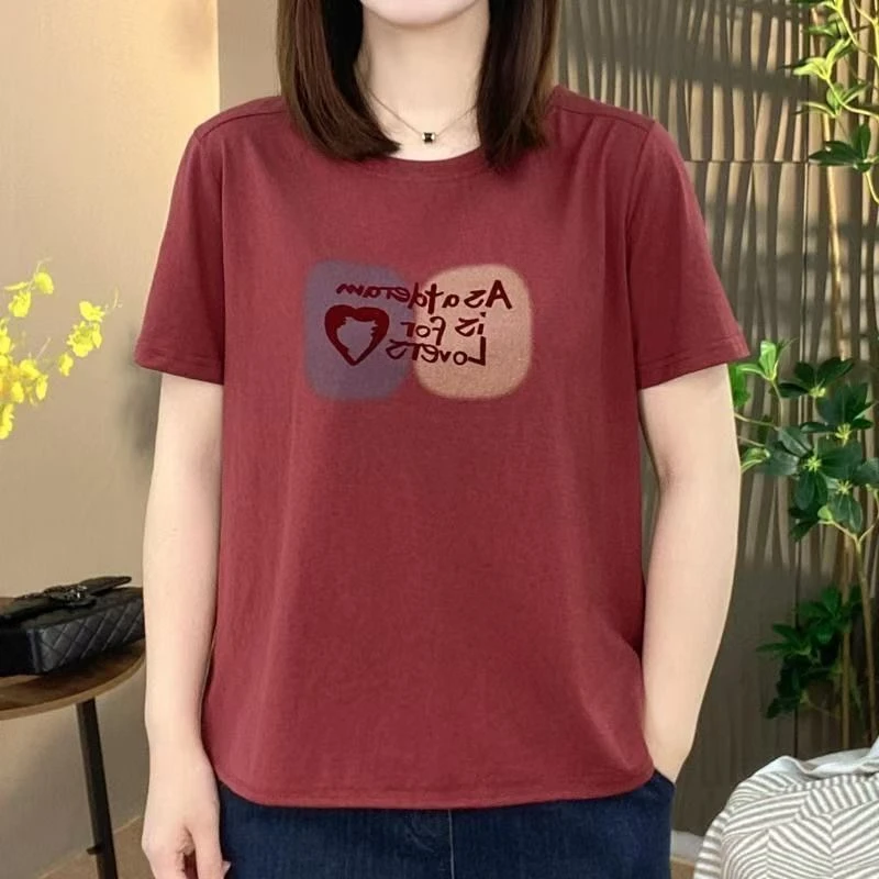 夏季2025大码新款时尚洋气圆领印花短袖T恤显瘦宽松中年女装上衣