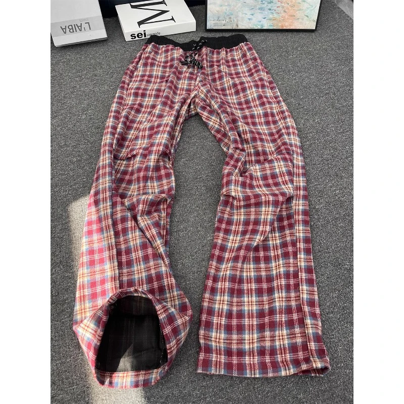 美式复古红色格子裤男秋冬加绒cleanfit褶皱长裤子微喇直筒裤潮牌