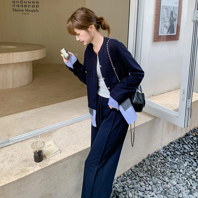 欧货拼接条纹短外套阔腿裤套装女2025春季时尚减龄休闲运动两件套