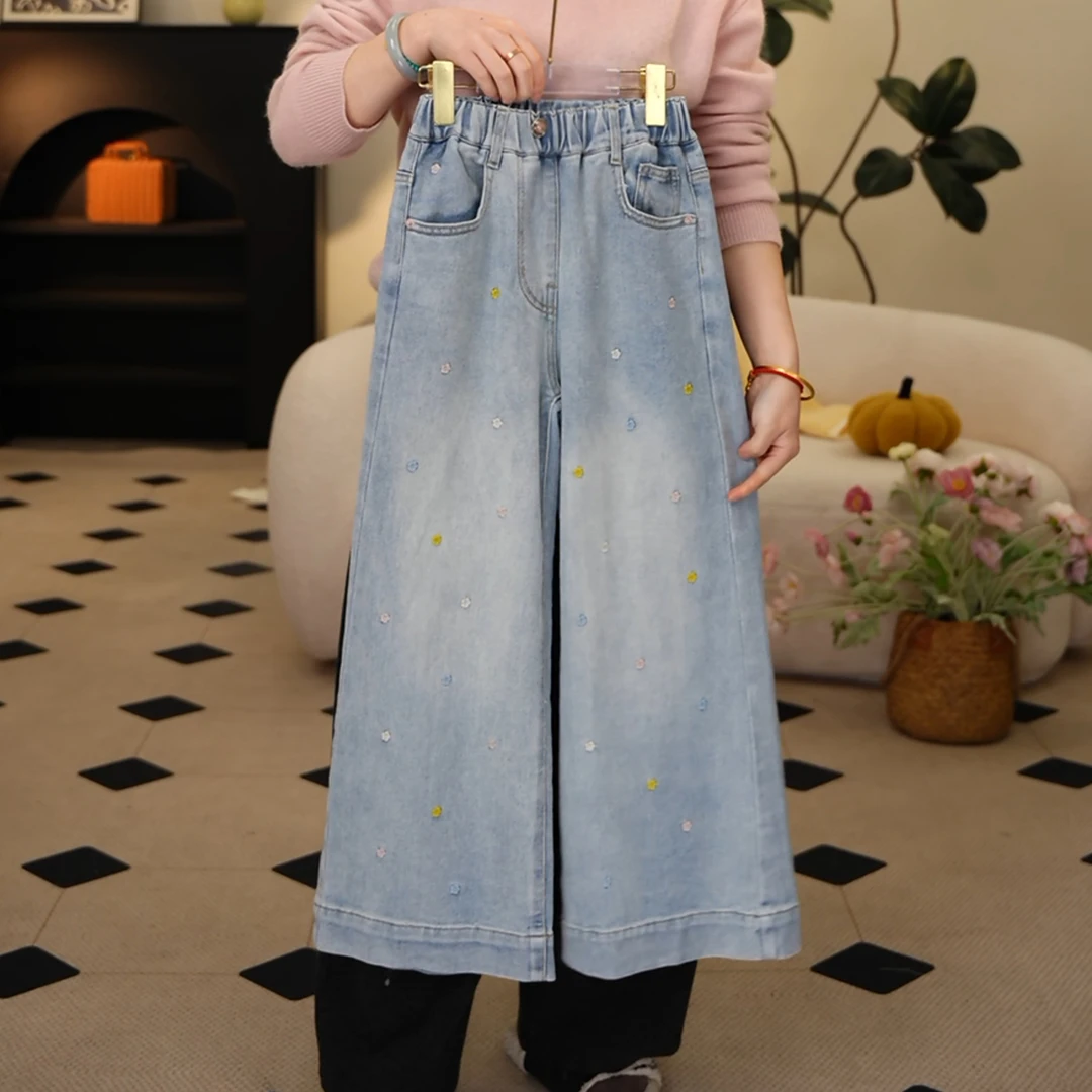 【涵妈推荐】女童春款裤子韩版中大童大码花朵牛仔阔腿裤宽松百搭春