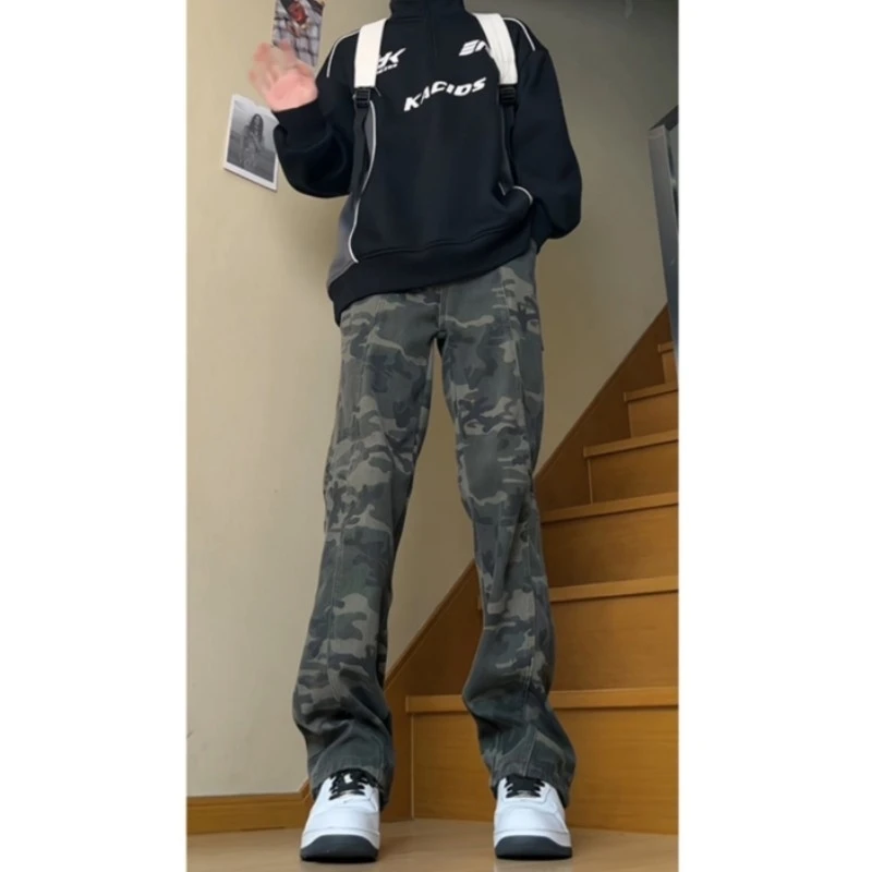 美式直筒迷彩牛仔裤男夏季薄款显瘦显腿高街痞帅设计感阔腿伐木裤