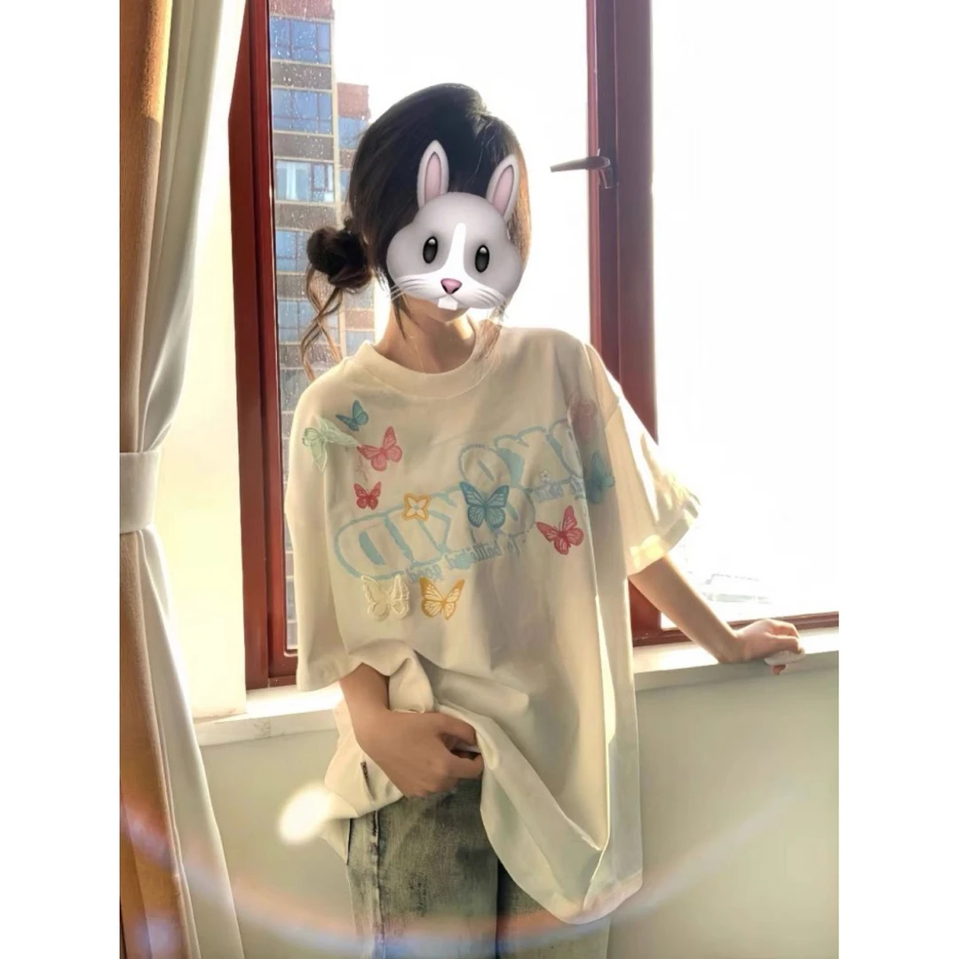 黎帮主 美式手绘字母立体蝴蝶纯棉短袖t恤女夏季新款情侣半袖上衣