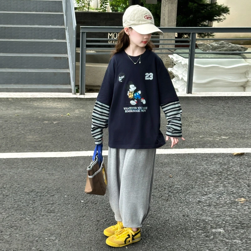 女童春秋季假两件T恤套装新款秋季中大童韩系上衣休闲卫裤两件套