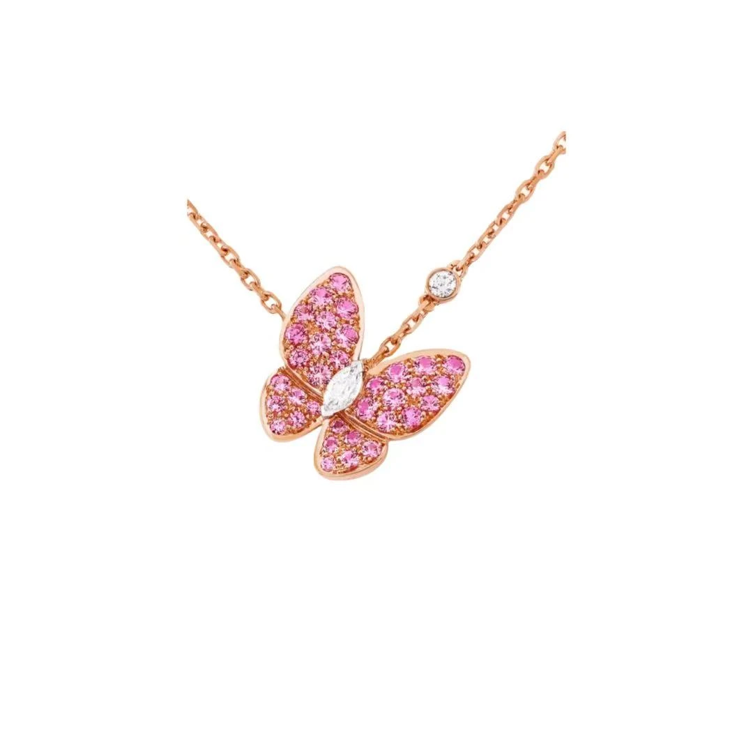 坠链均925银合成锆石 【施生生珠宝】S925银豪镶粉钻蝴蝶项链