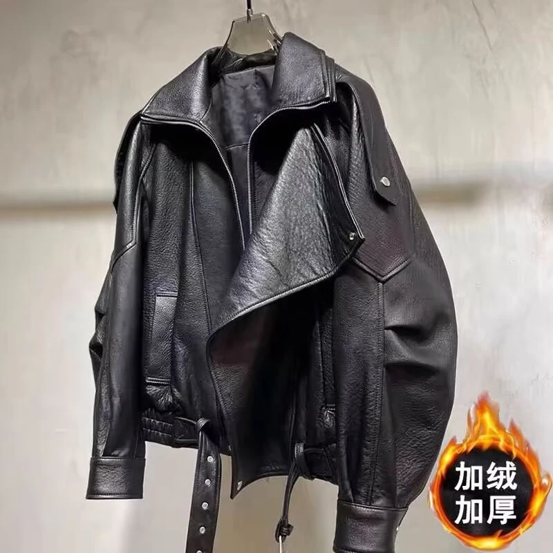 高端肌理感阔版双领机车皮衣女春秋时尚宽松显瘦8205加绒百搭网红