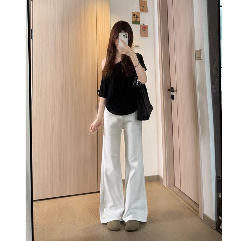 白色不贴腿微喇牛仔裤女2025秋季新款高腰宽松显瘦百搭阔腿拖地裤