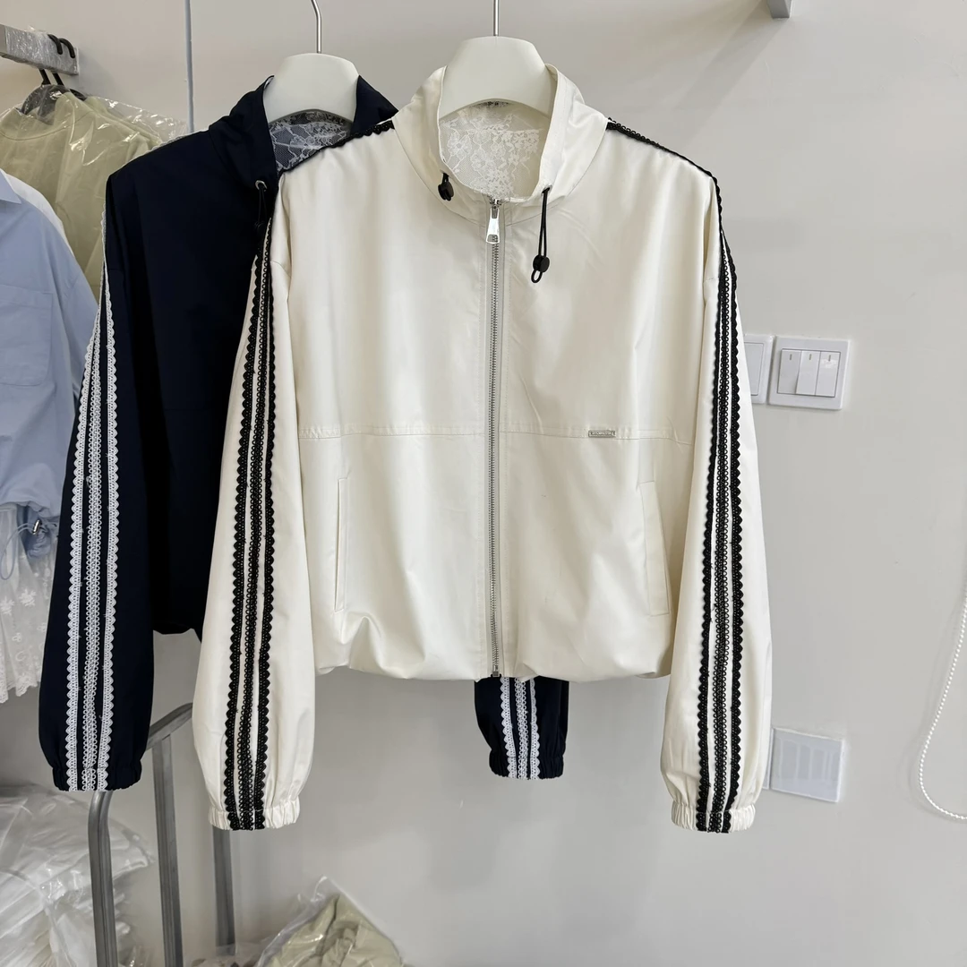 YZS011早春蕾丝边拼接条夹克职场穿搭上衣外套拼接拼色条纹短外套