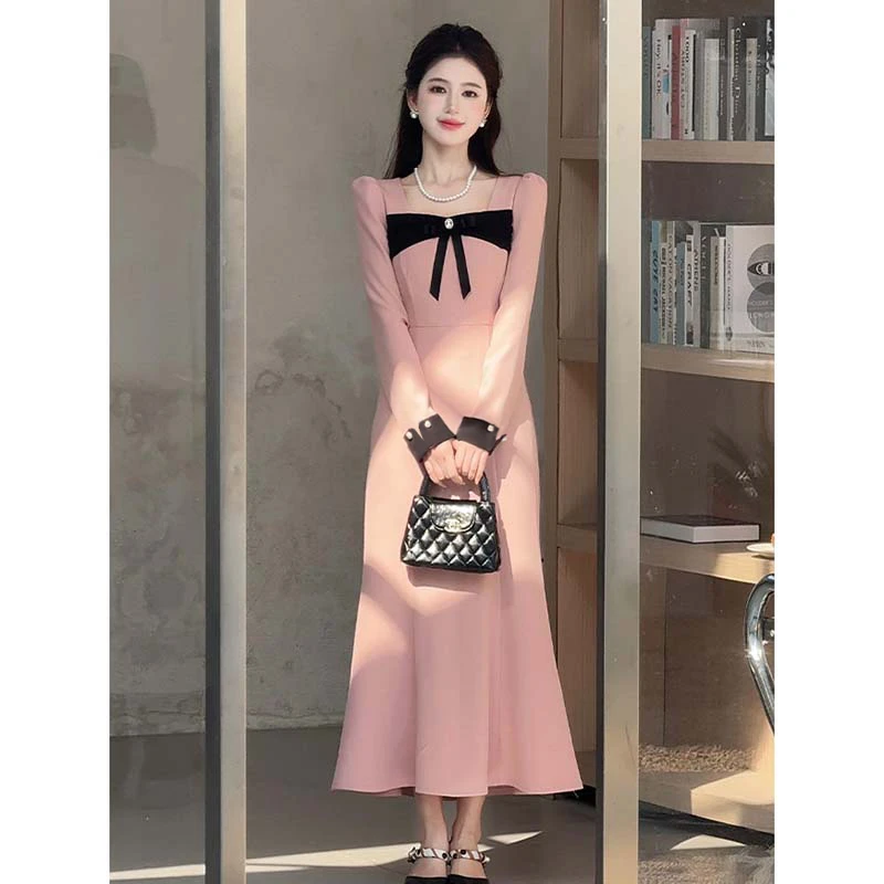 韩系粉色撞色鱼尾裙2025秋法式千金风连衣裙JT0001