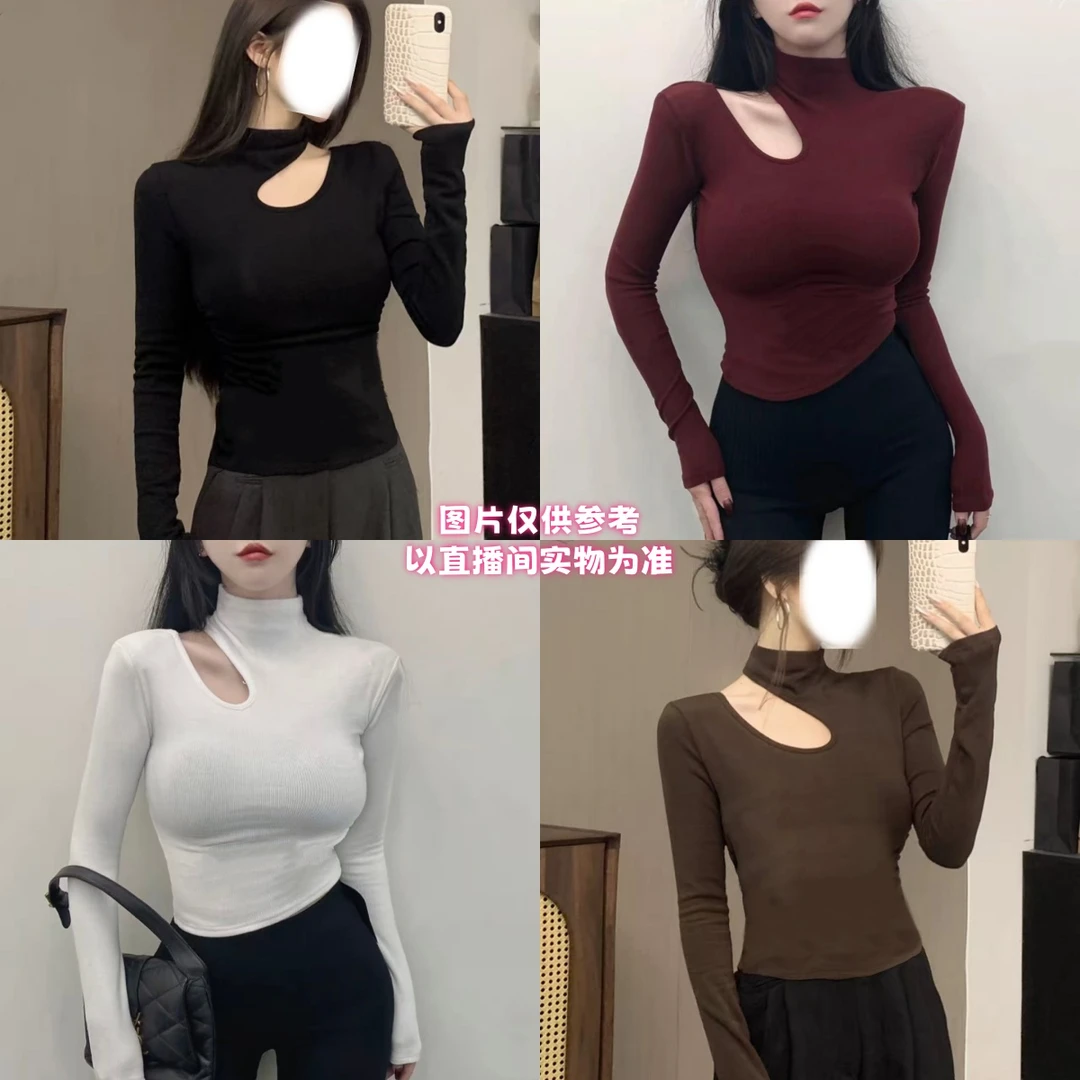 曦曦*秋冬一侧漏肩半高领长袖上衣设计感显瘦百搭时尚拼接