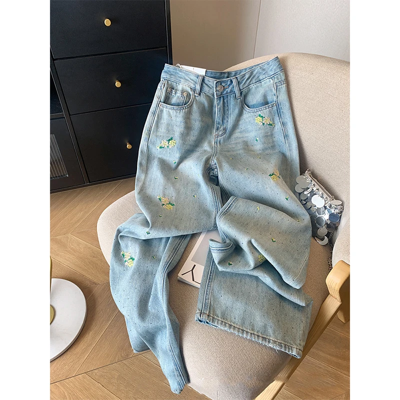 高腰阔腿裤牛仔女国风做旧重工花朵刺绣烫钻显瘦新款裤子9687百搭