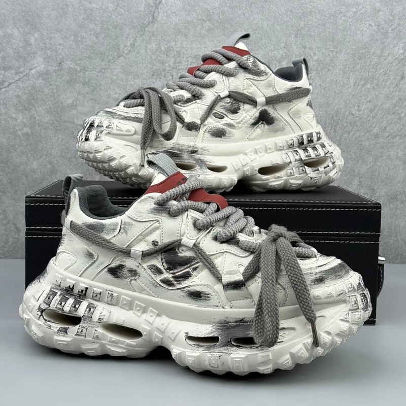 厚底增高老爹鞋男2025冬季新款擦色涂鸦脏脏鞋时尚休闲鞋百搭男鞋