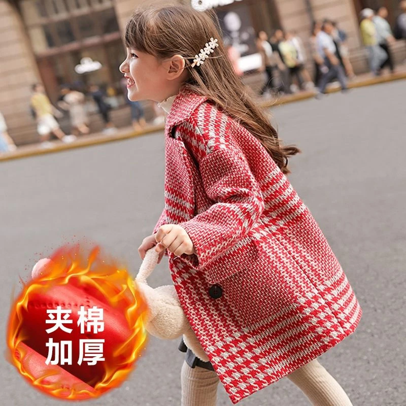 女童红色格子外套夹棉加厚棉衣中长款中大童韩版