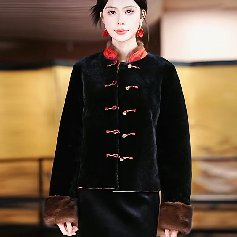 复古日记“兮榆”双面穿拜年服桑蚕丝水貂皮 草外套大衣24HW598