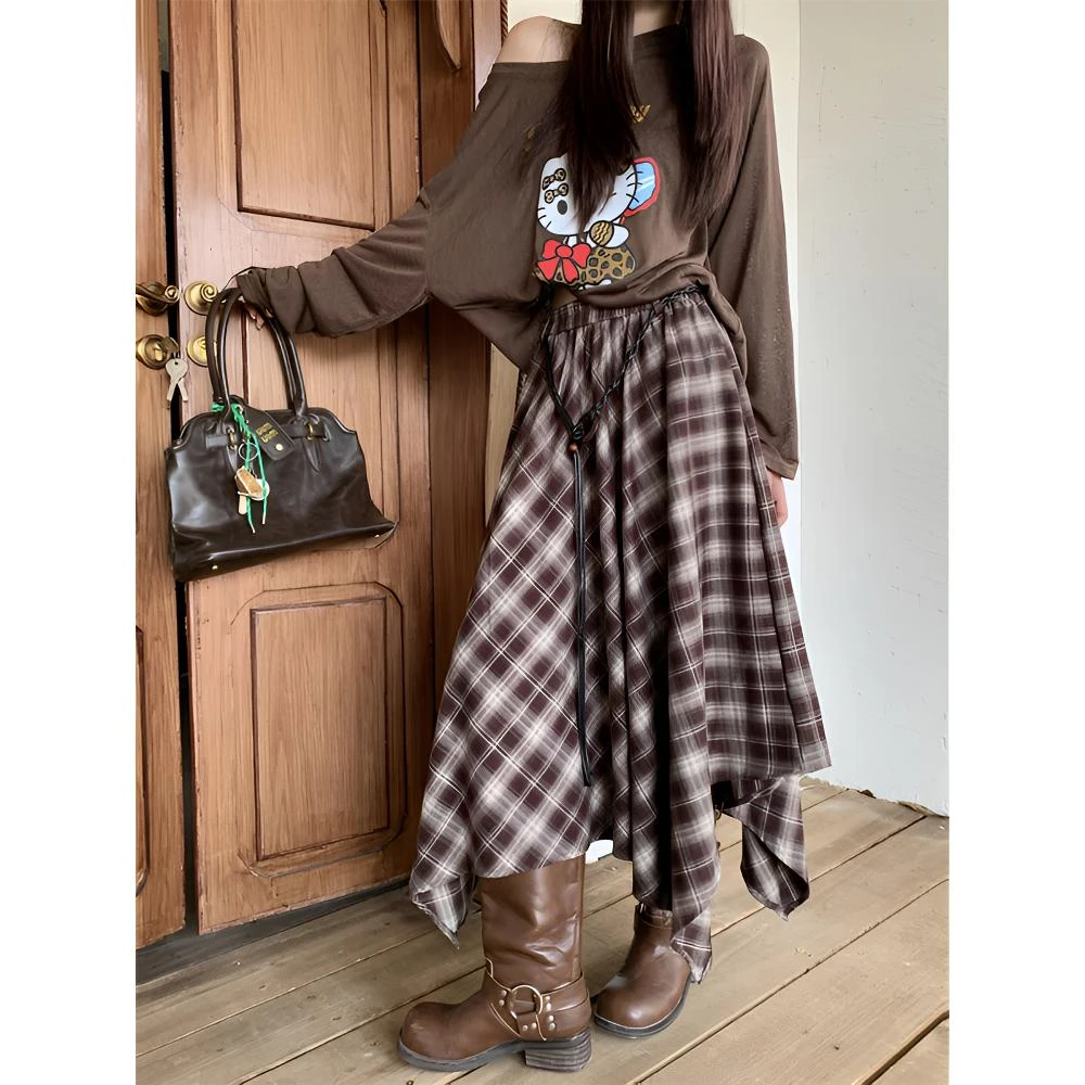 美式复古不规则格子半身裙2025秋季新款高腰显瘦时尚百搭大摆长裙