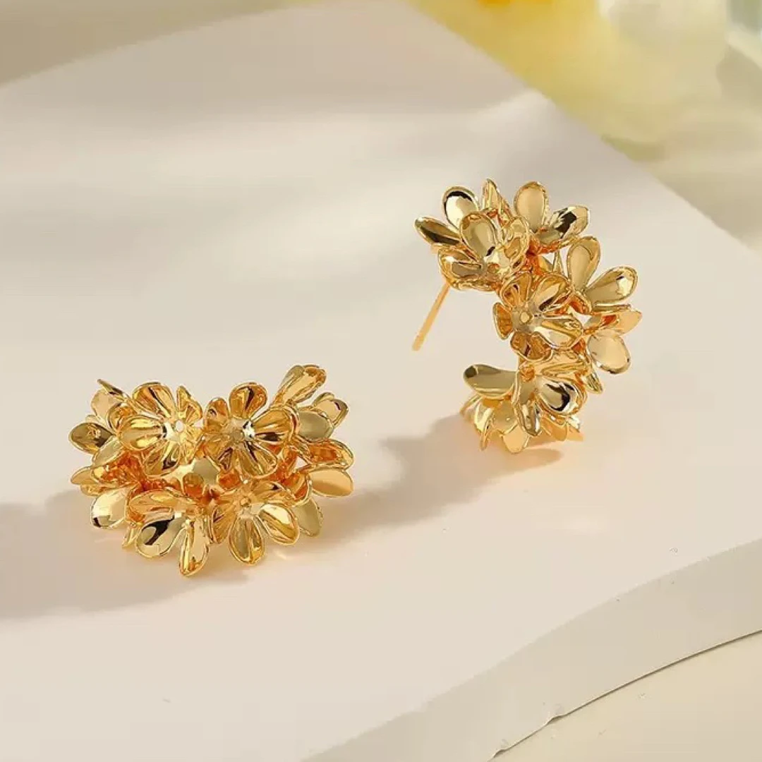 铜合金耳饰 气质高级感金色C型花团锦簇耳钉小众设计感晚宴耳饰