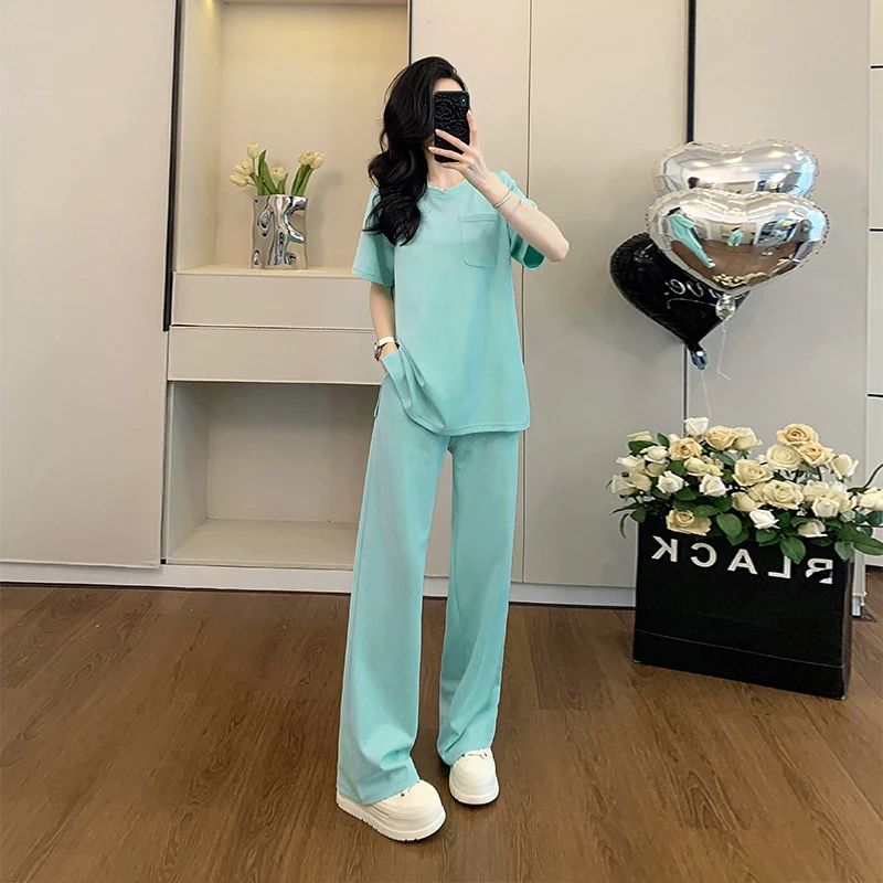 卡苜2522夏季韩系绝美减龄休闲运动套装女简约圆领短袖T恤阔腿裤