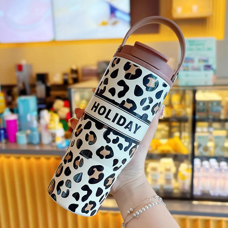 2025新款陶瓷内胆豹纹老钱风高颜值保温杯上班学生便携礼物