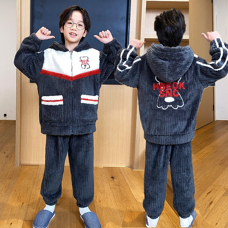 8001儿童睡衣男童秋冬珊瑚绒小学生加厚卡通中大童家居服男孩套装