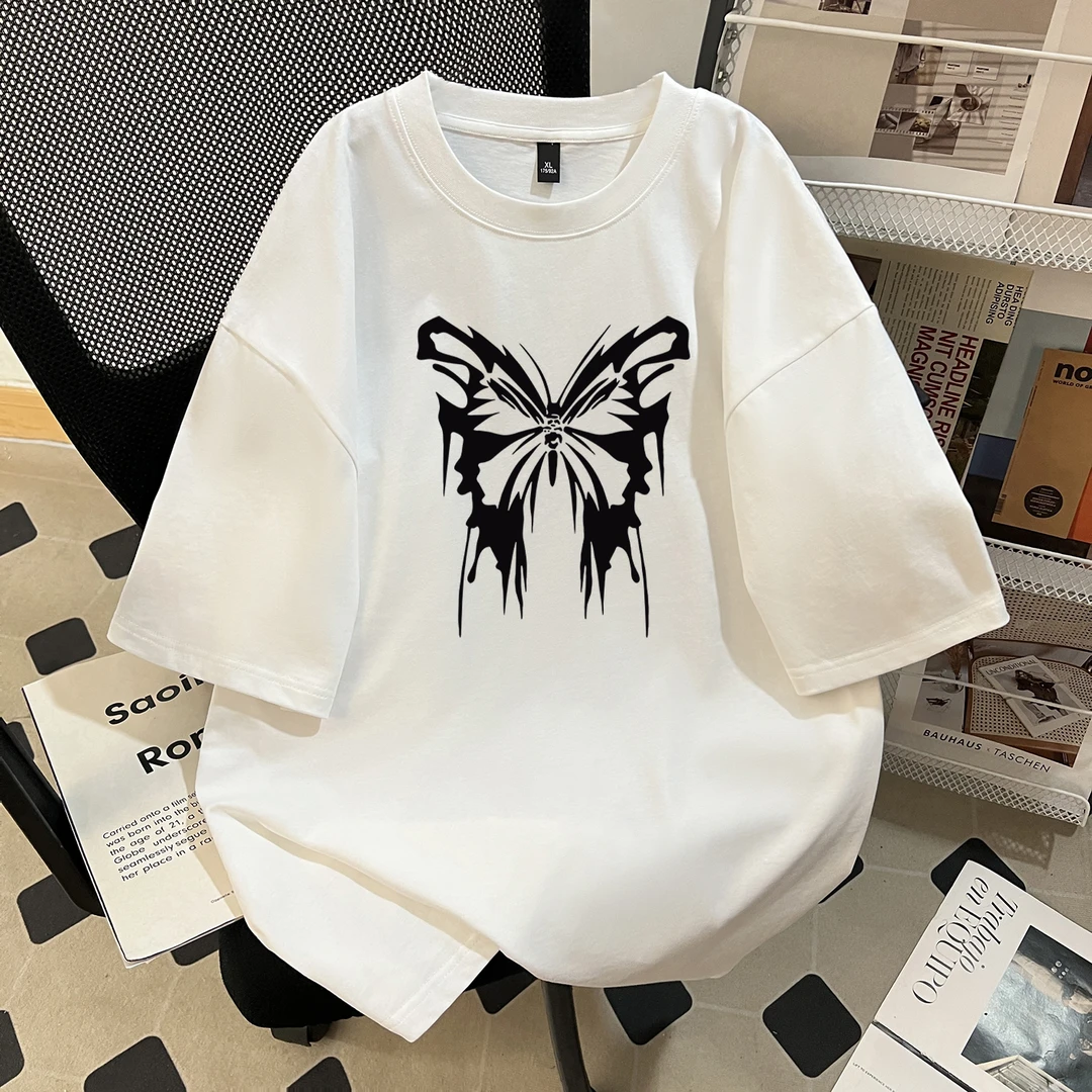 宽松圆领短袖男T恤常规款白色ins蝴蝶印花纯棉设计感休闲上衣潮流