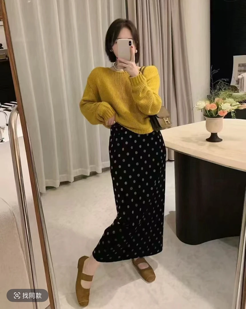 波点半身裙女2025秋冬垂坠感开叉直筒裙包臀a字半裙
