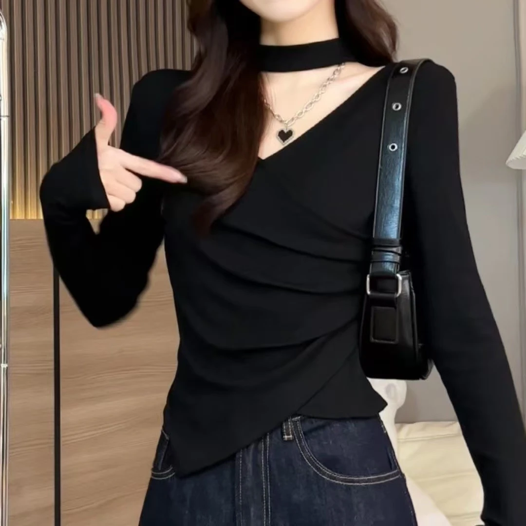 不规则德绒长袖T恤女春秋冬新款设计感修身显瘦内搭打底衫上衣女